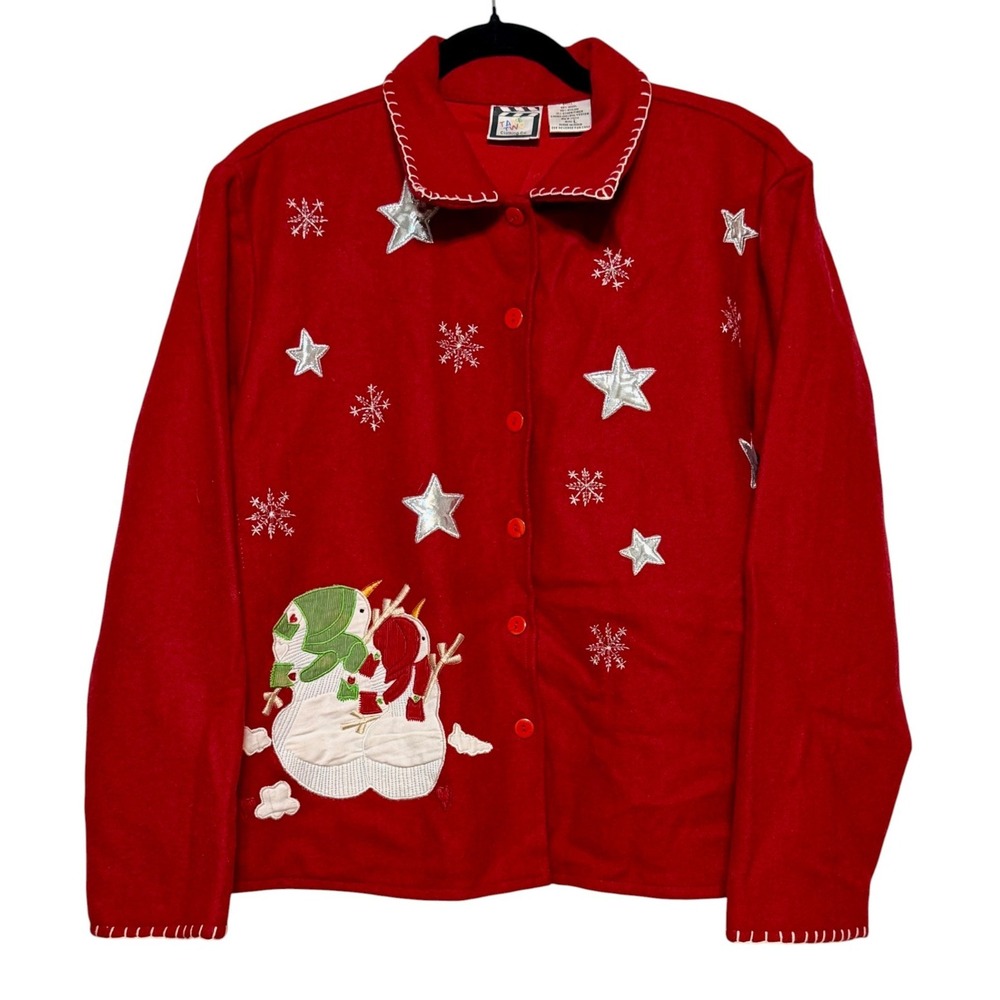 Take Two Vintage Christma Snowman Wool‎ Jacket Cardigan Womens Sz L Embroidered